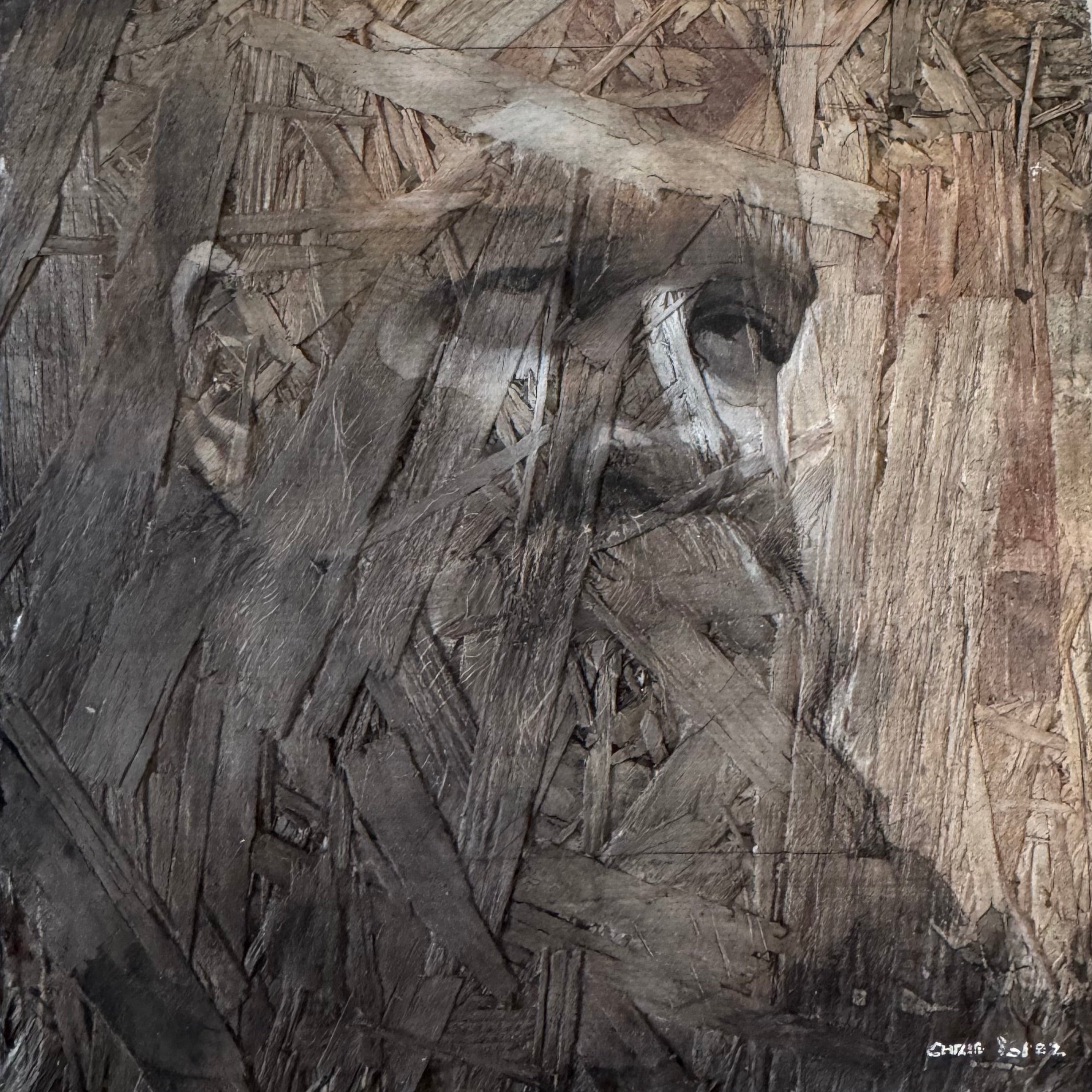 Self Portrait 3, Mixed Media on OSB Panel, 8x8